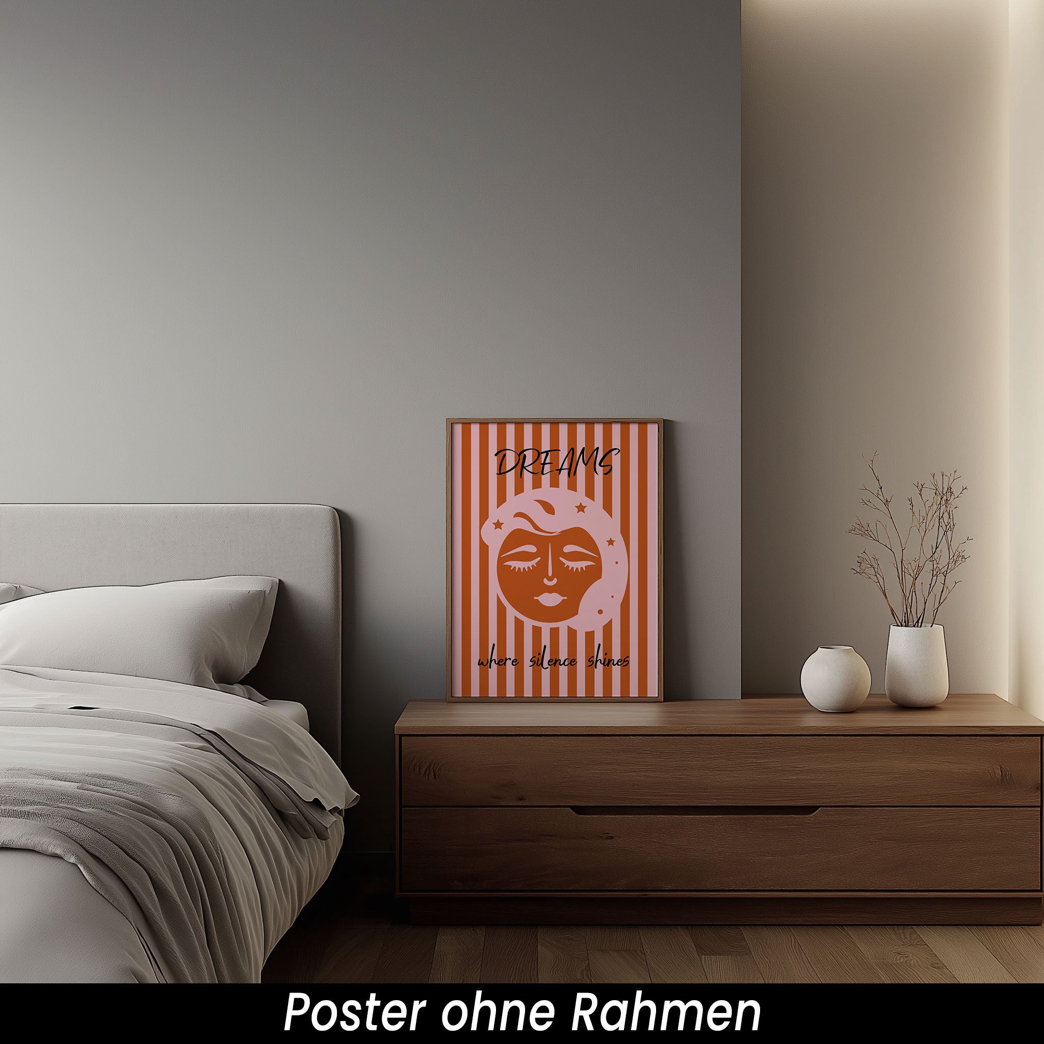 Schlafzimmer Poster – Retro Wanddeko mit Mond & Sternen in Rosa und Rot | Modernes Wandbild auf halbmattem Papier