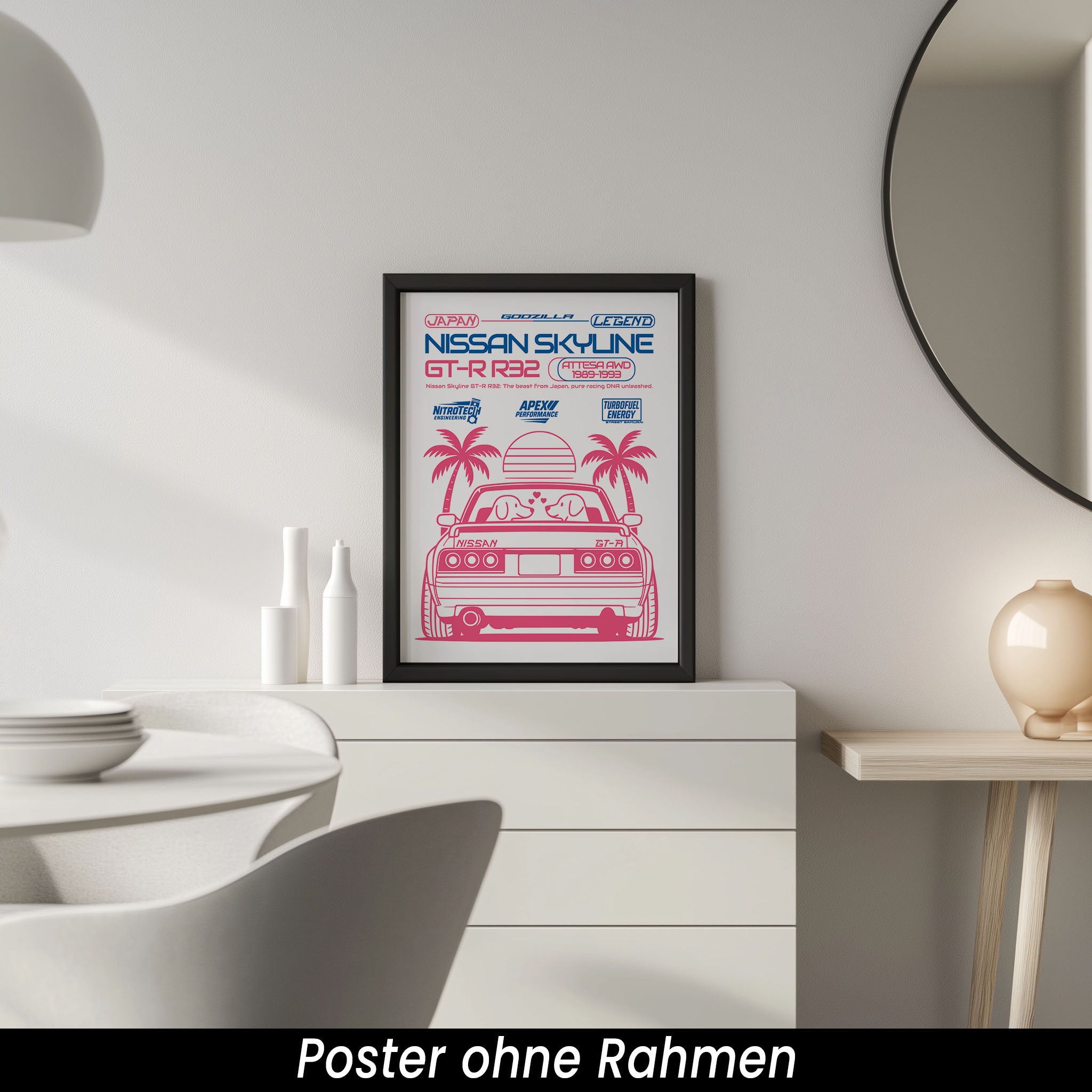 Auto Poster - Sportwagen Wandbild mit Palmen & Hundepaar | Jugendstil Wanddeko in Rosa & Blau auf halbmattem Papier
