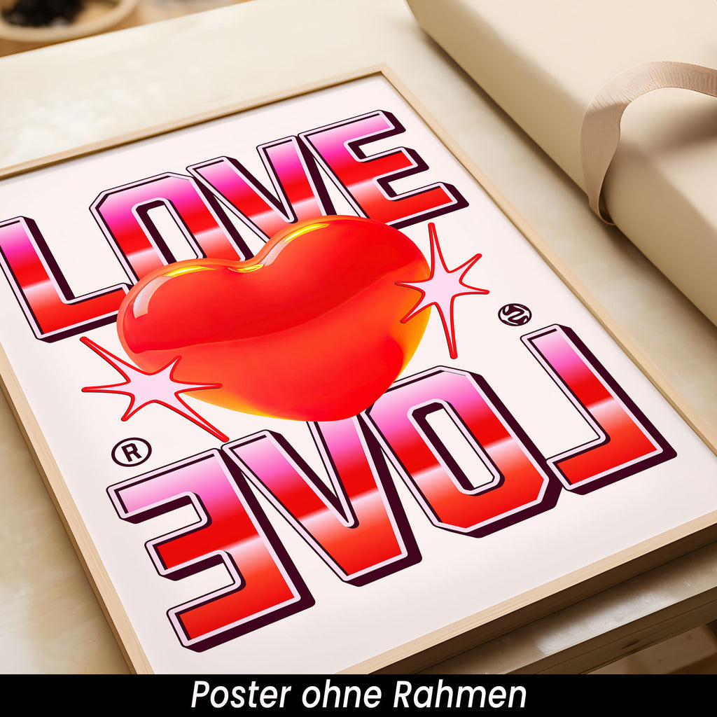 Modernes Love Poster – Romantisches Herz Wanddeko in Rot & Pink | Retro Bild auf halbmattem Papier