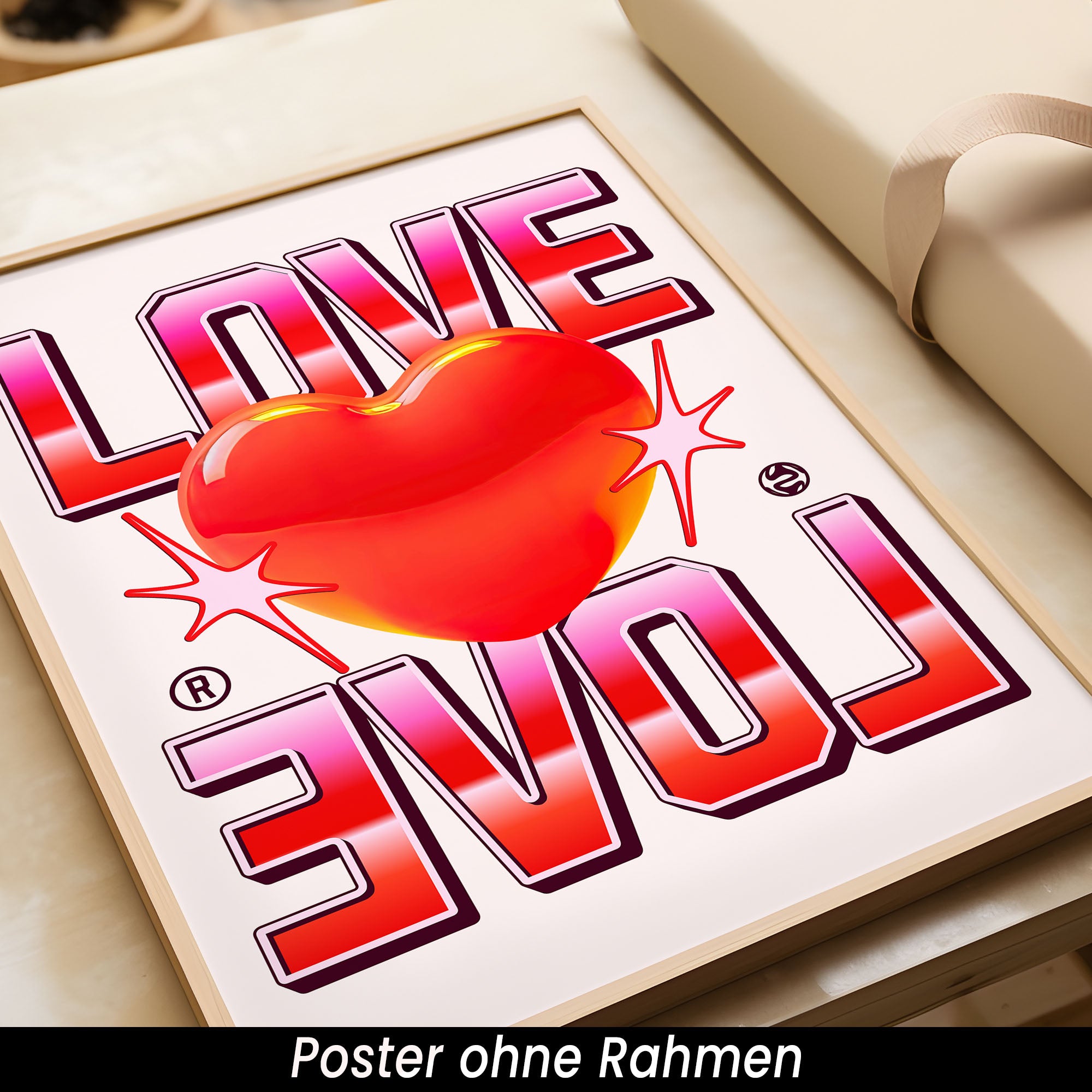 Modernes Love Poster – Romantisches Herz Wanddeko in Rot & Pink | Retro Bild auf halbmattem Papier