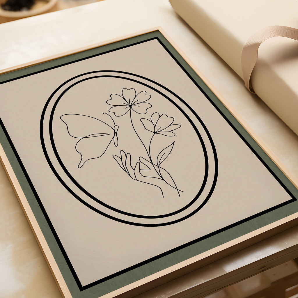Modernes Wandbild ungerahmt – Schmetterling und Blumen Poster in Beige, Grün und Schwarz | Minimalistisches Wandbild auf halbmattem Papier