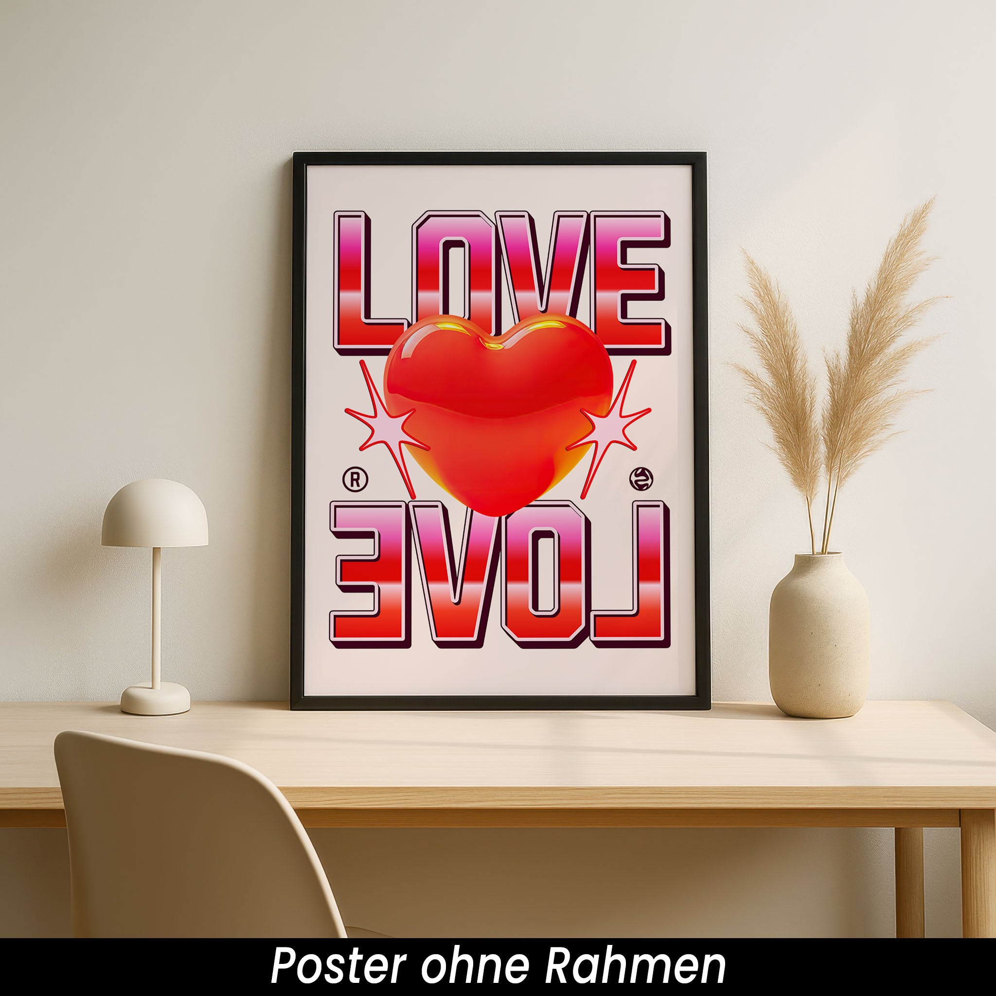 Modernes Love Poster – Romantisches Herz Wanddeko in Rot & Pink | Retro Bild auf halbmattem Papier