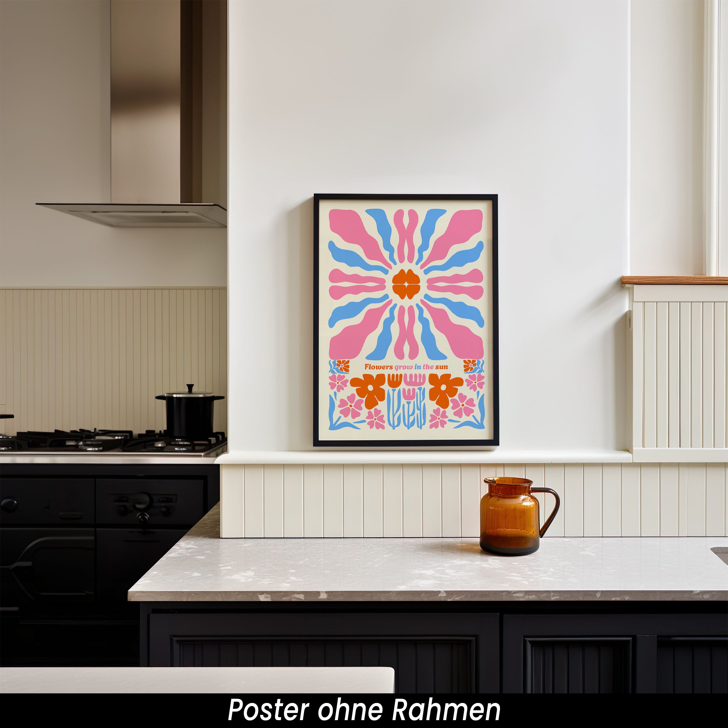 Blumen Poster - Fröhliches Wandbild in Pink, Blau & Orange | Bunte Retro Wanddeko auf halbmattem Papier