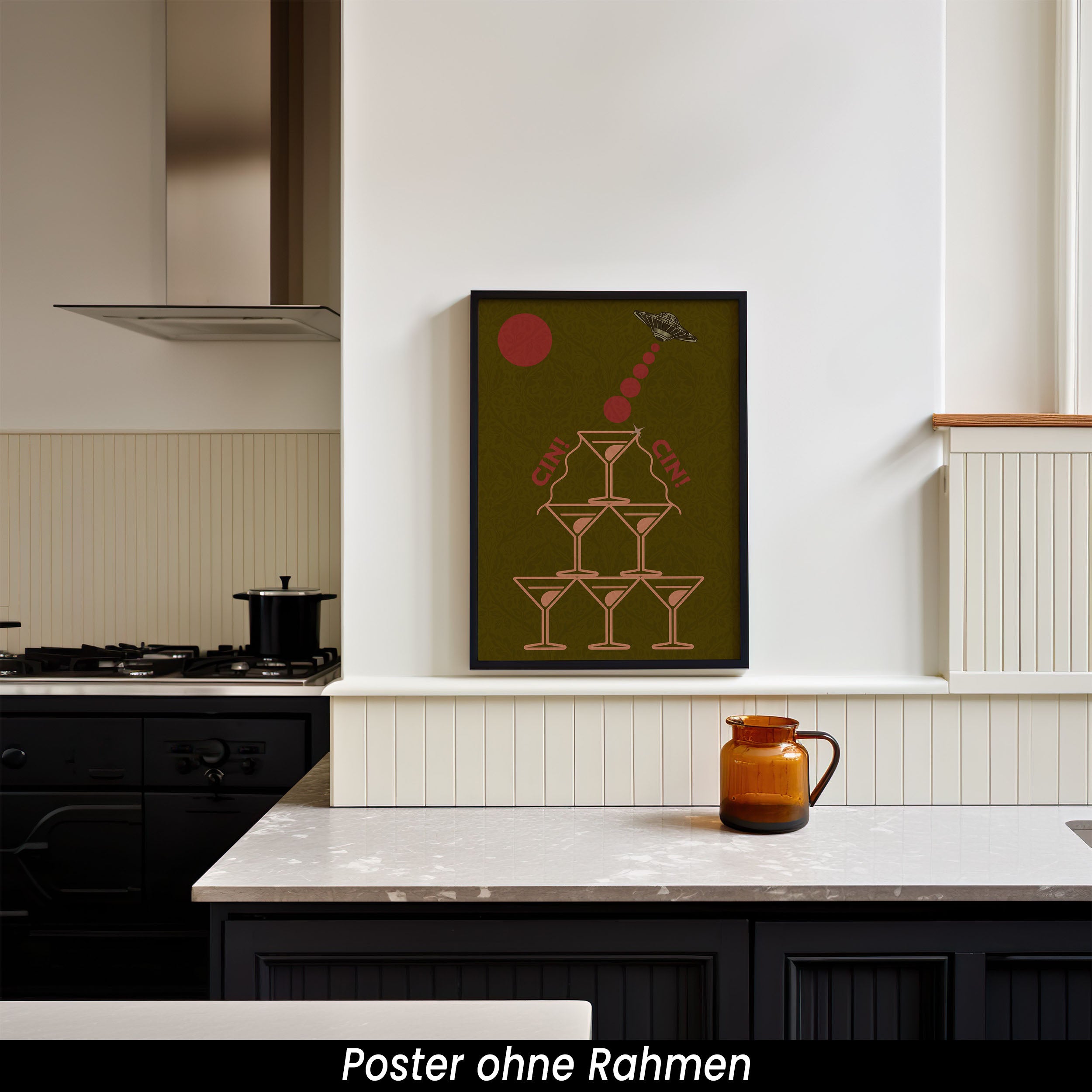 Martini Cocktail Poster – Retro Sci-Fi Wandbild mit UFO & Martini Gläsern | Bar Deko auf halbmattem Papier