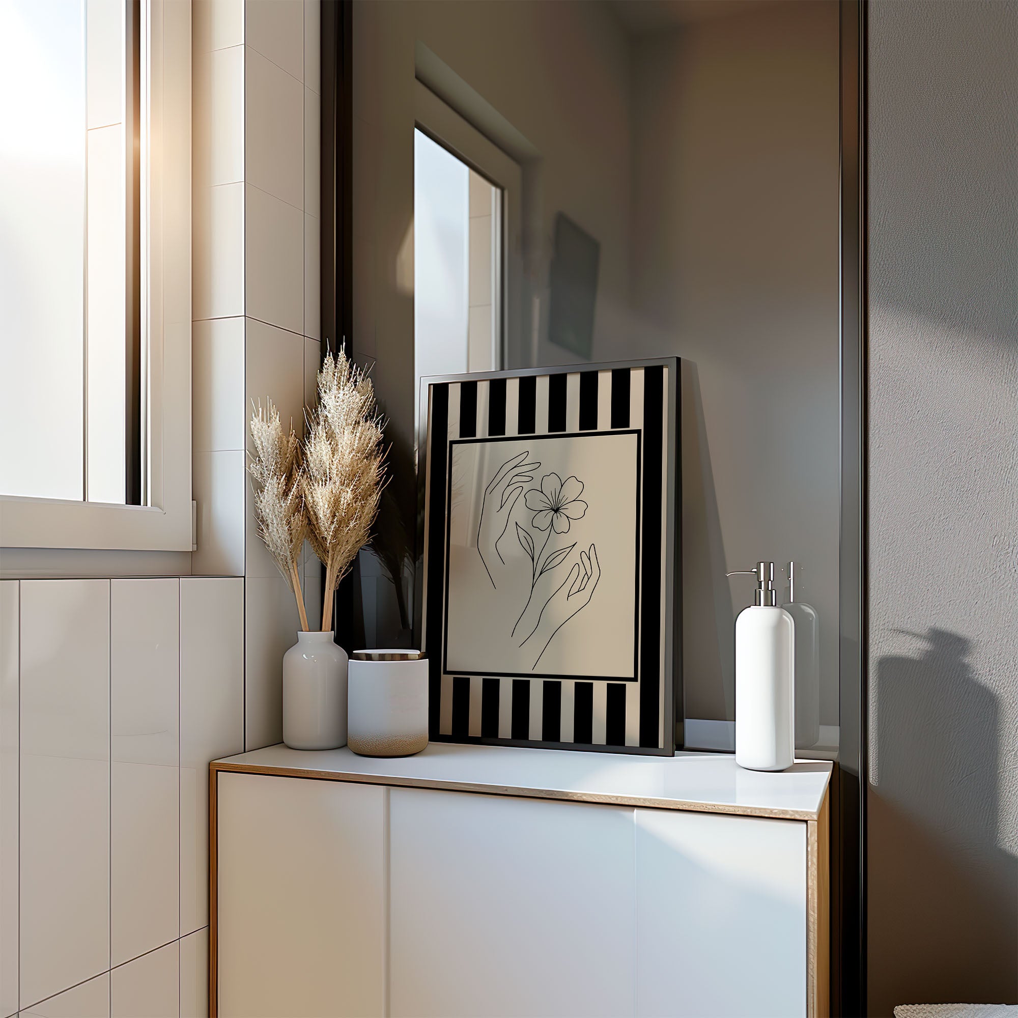 Blumen Poster ungerahmt – Line Art Bild mit Hände und Blume in Schwarz Weiß | Moderne Wanddeko auf halbmattem Papier