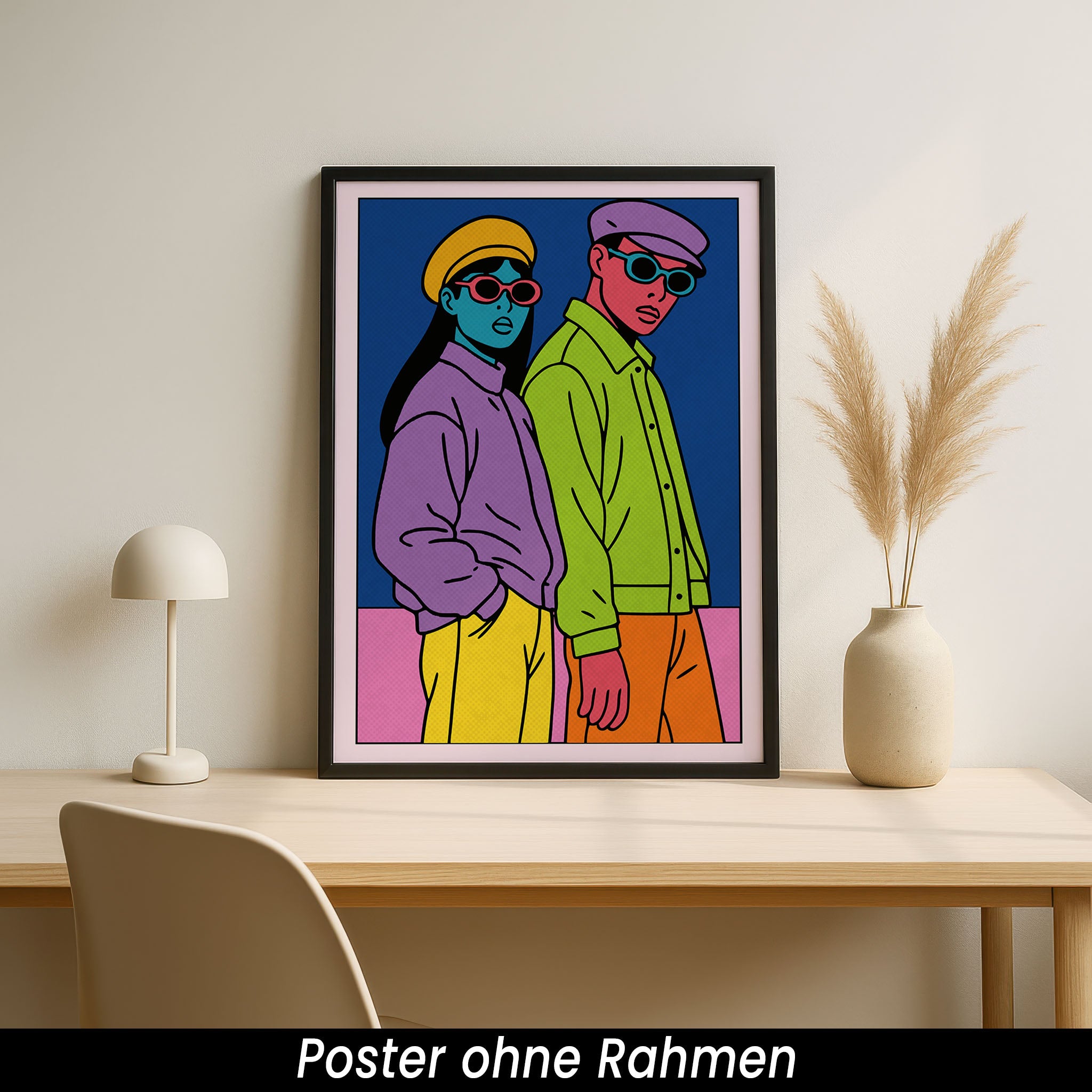 Retro Poster – Buntes Mode Wandbild mit zwei Figuren im 80s Style | Pop Art Wanddeko auf halbmattem Papier