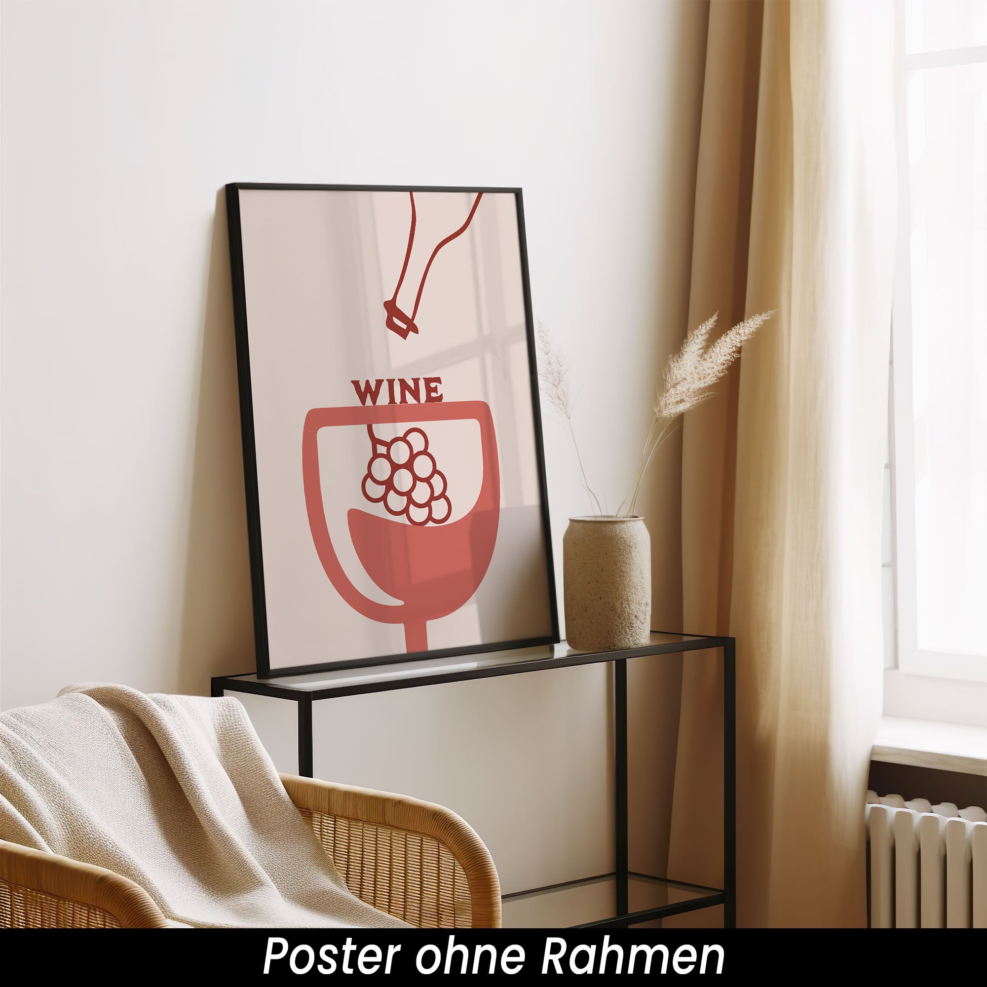Minimalistisches Wein Poster – Modernes Wandbild mit Wein Glas & Trauben | Für Küchen- & Bar Deko auf halbmattem Papier