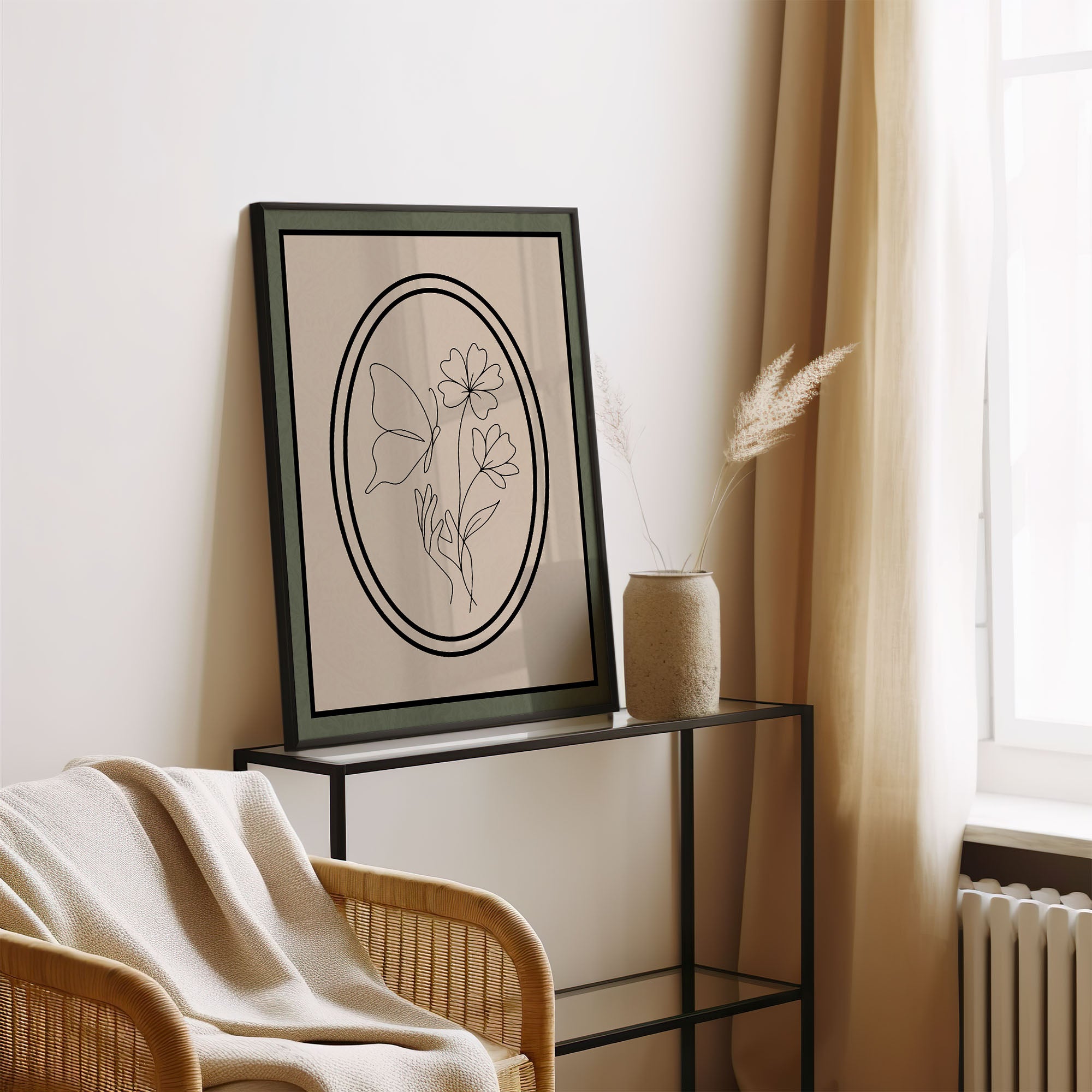 Modernes Wandbild ungerahmt – Schmetterling und Blumen Poster in Beige, Grün und Schwarz | Minimalistisches Wandbild auf halbmattem Papier