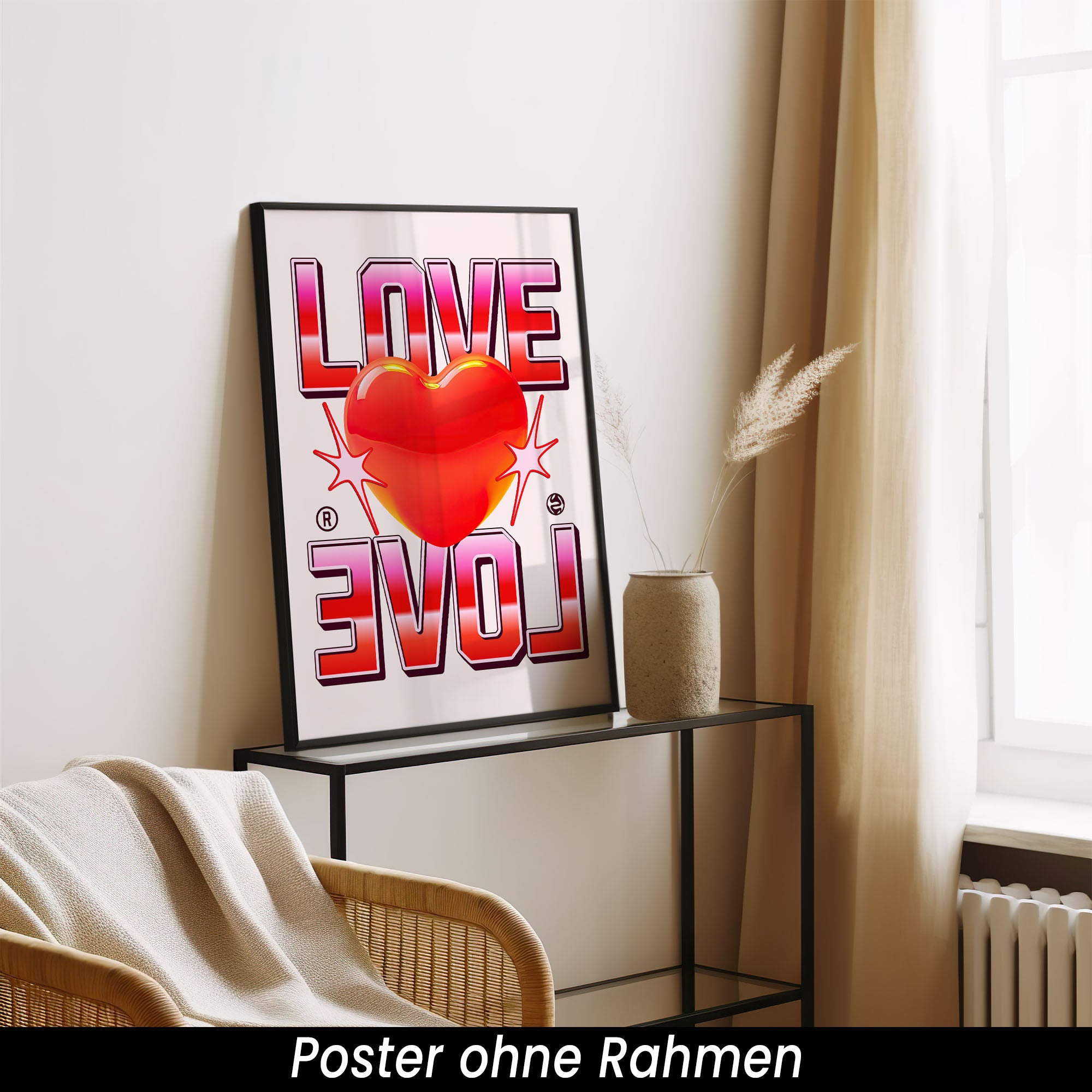 Modernes Love Poster – Romantisches Herz Wanddeko in Rot & Pink | Retro Bild auf halbmattem Papier