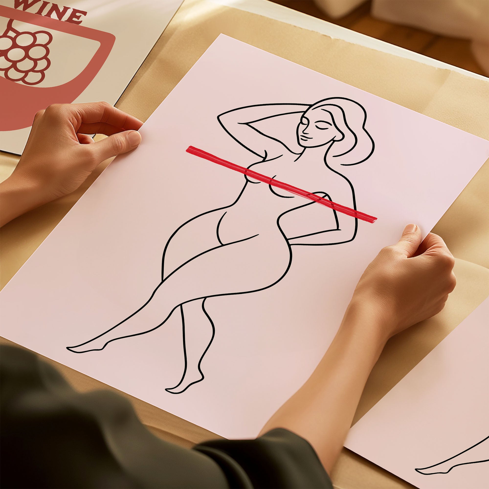 Linienzeichnung Frau Poster - Abstraktes Wandbild in Schwarz & Rot | Minimalistische Wanddeko auf halbmattem Papier