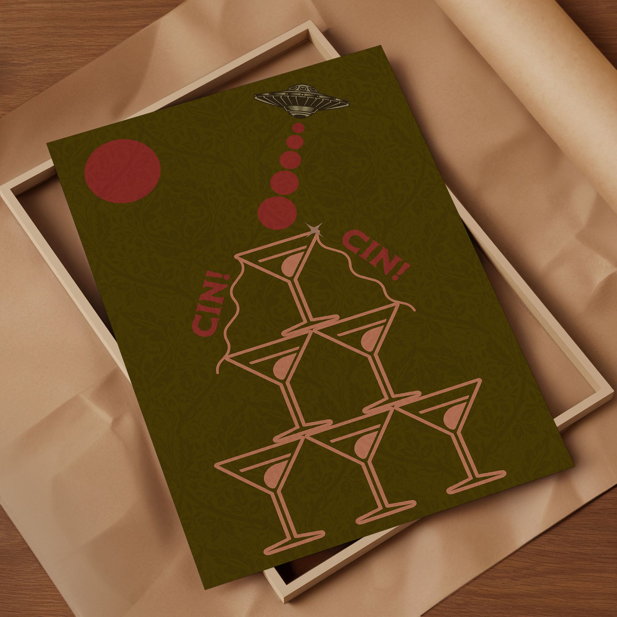 Martini Cocktail Poster – Retro Sci-Fi Wandbild mit UFO & Martini Gläsern | Bar Deko auf halbmattem Papier