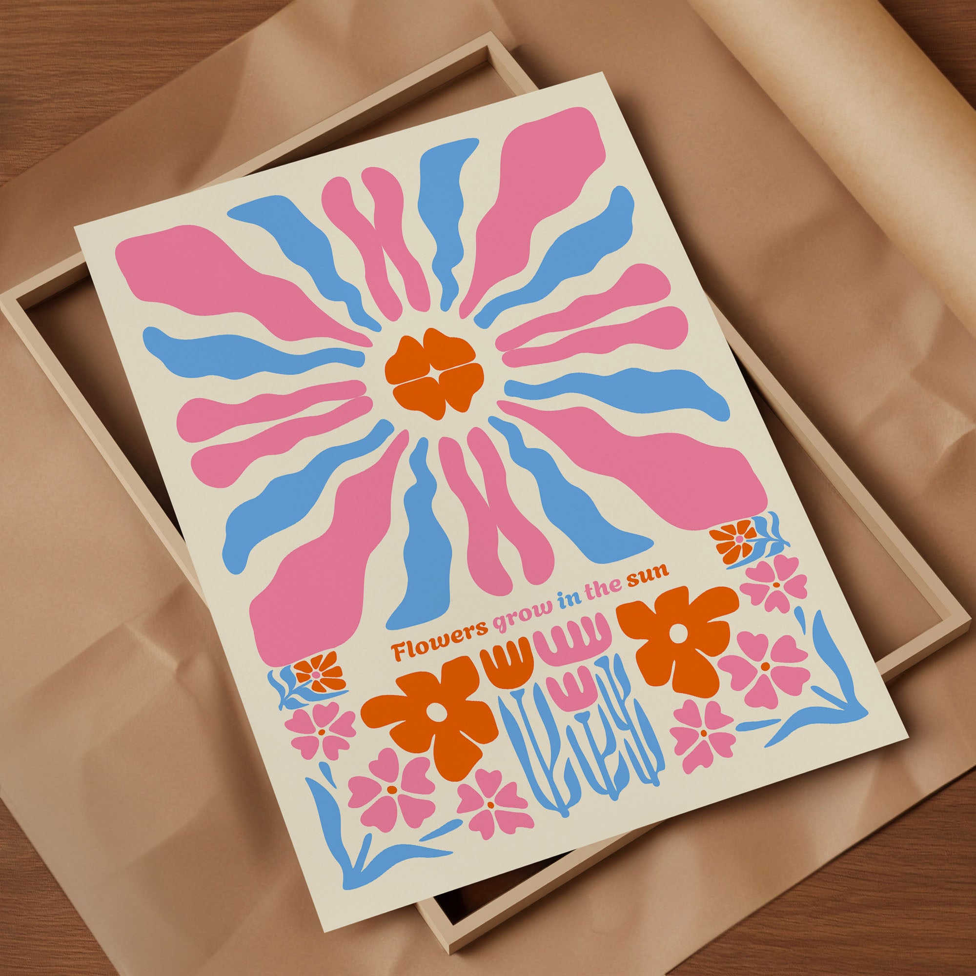 Blumen Poster - Fröhliches Wandbild in Pink, Blau & Orange | Bunte Retro Wanddeko auf halbmattem Papier