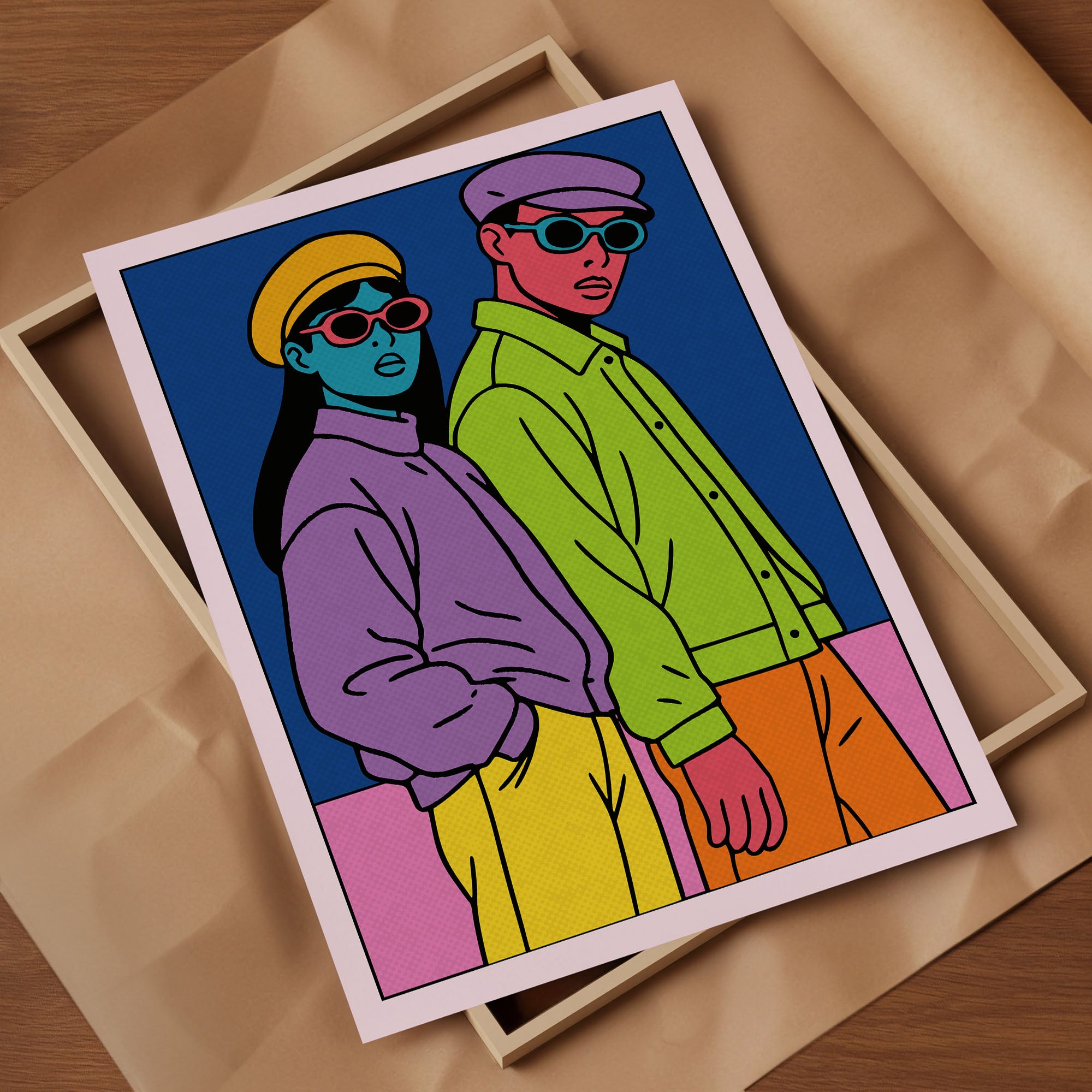 Retro Poster – Buntes Mode Wandbild mit zwei Figuren im 80s Style | Pop Art Wanddeko auf halbmattem Papier
