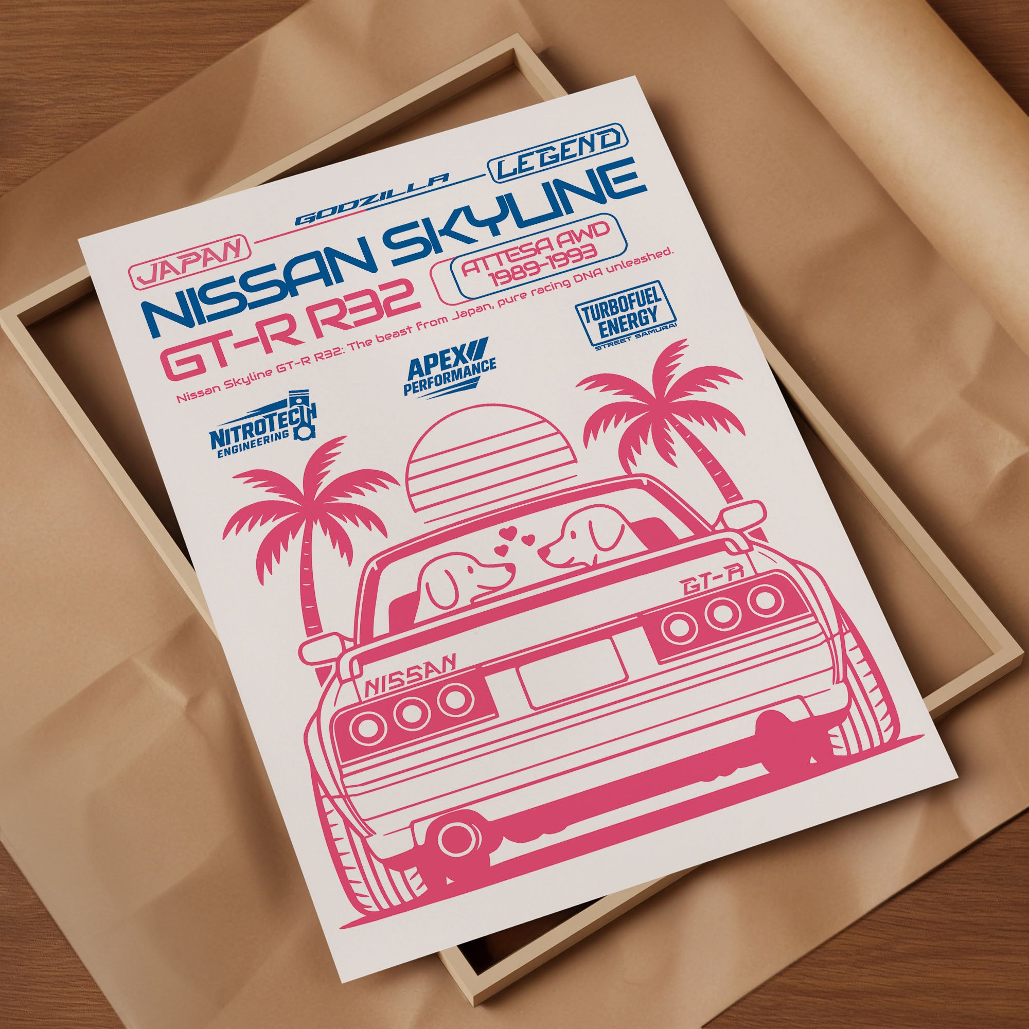 Auto Poster - Sportwagen Wandbild mit Palmen & Hundepaar | Jugendstil Wanddeko in Rosa & Blau auf halbmattem Papier