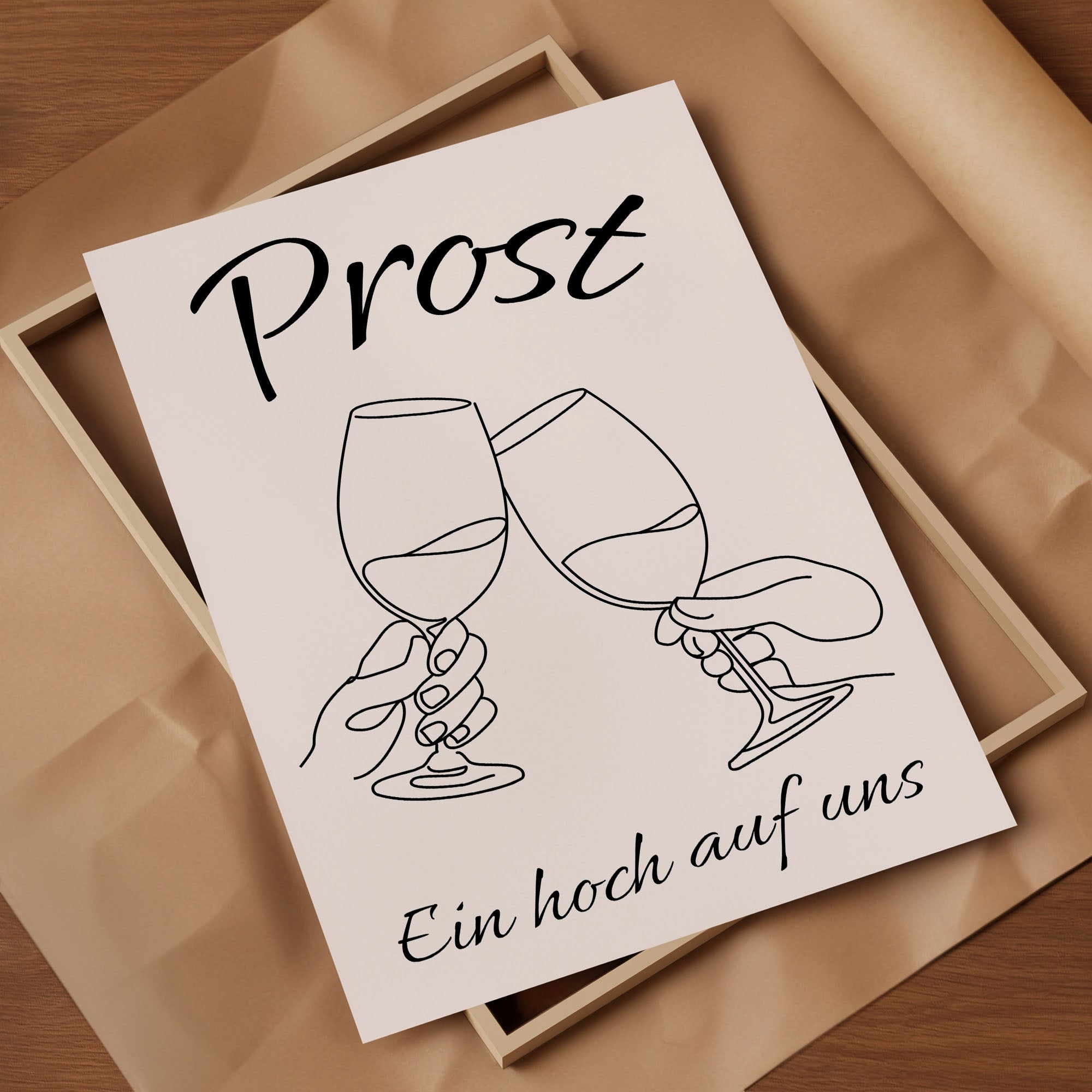 Küchen Poster – Schwarz Weiß Wein Bild mit Spruch Prost & Ein Hoch auf uns | Minimalistisches Wandbild auf halbmattem Papier