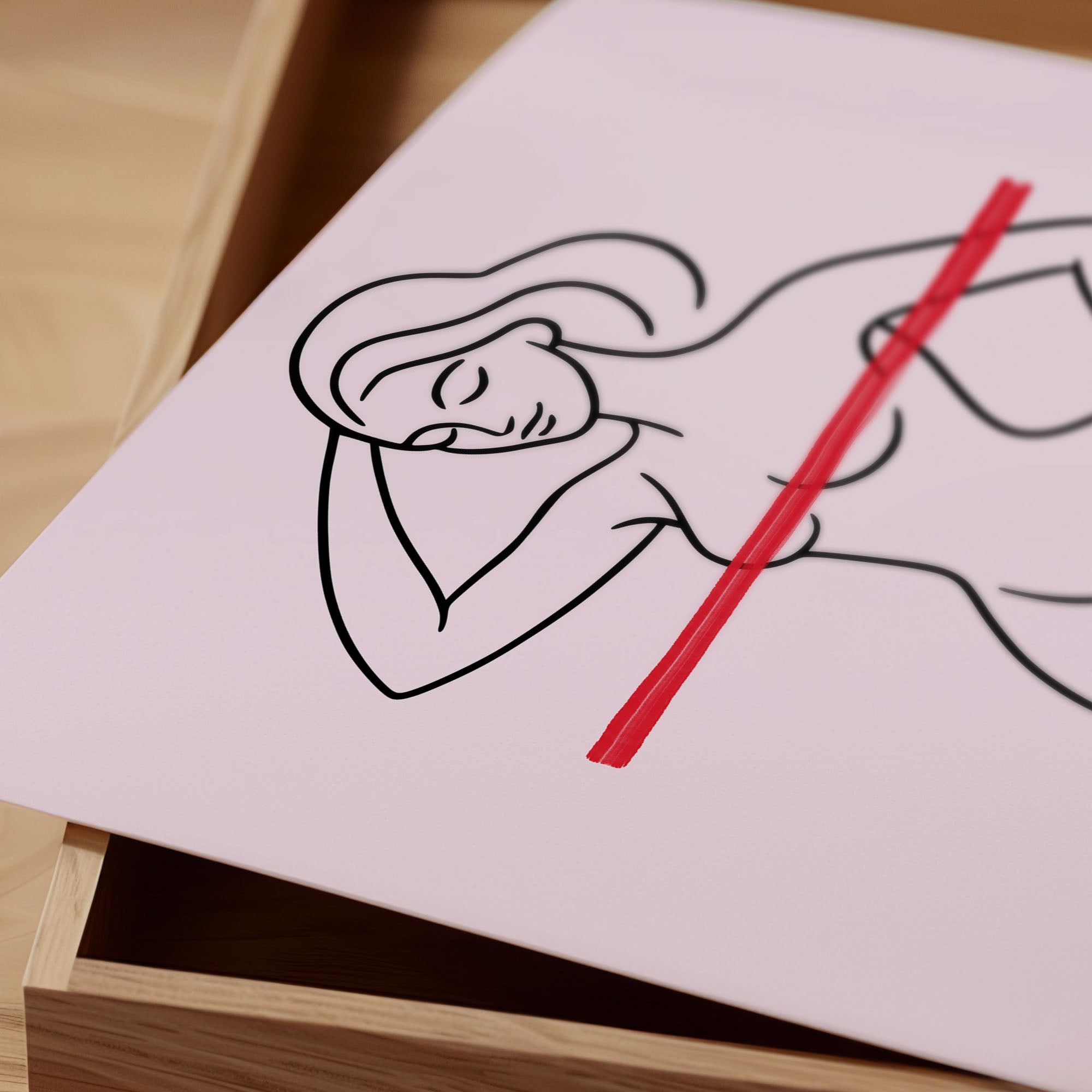 Linienzeichnung Frau Poster - Abstraktes Wandbild in Schwarz & Rot | Minimalistische Wanddeko auf halbmattem Papier
