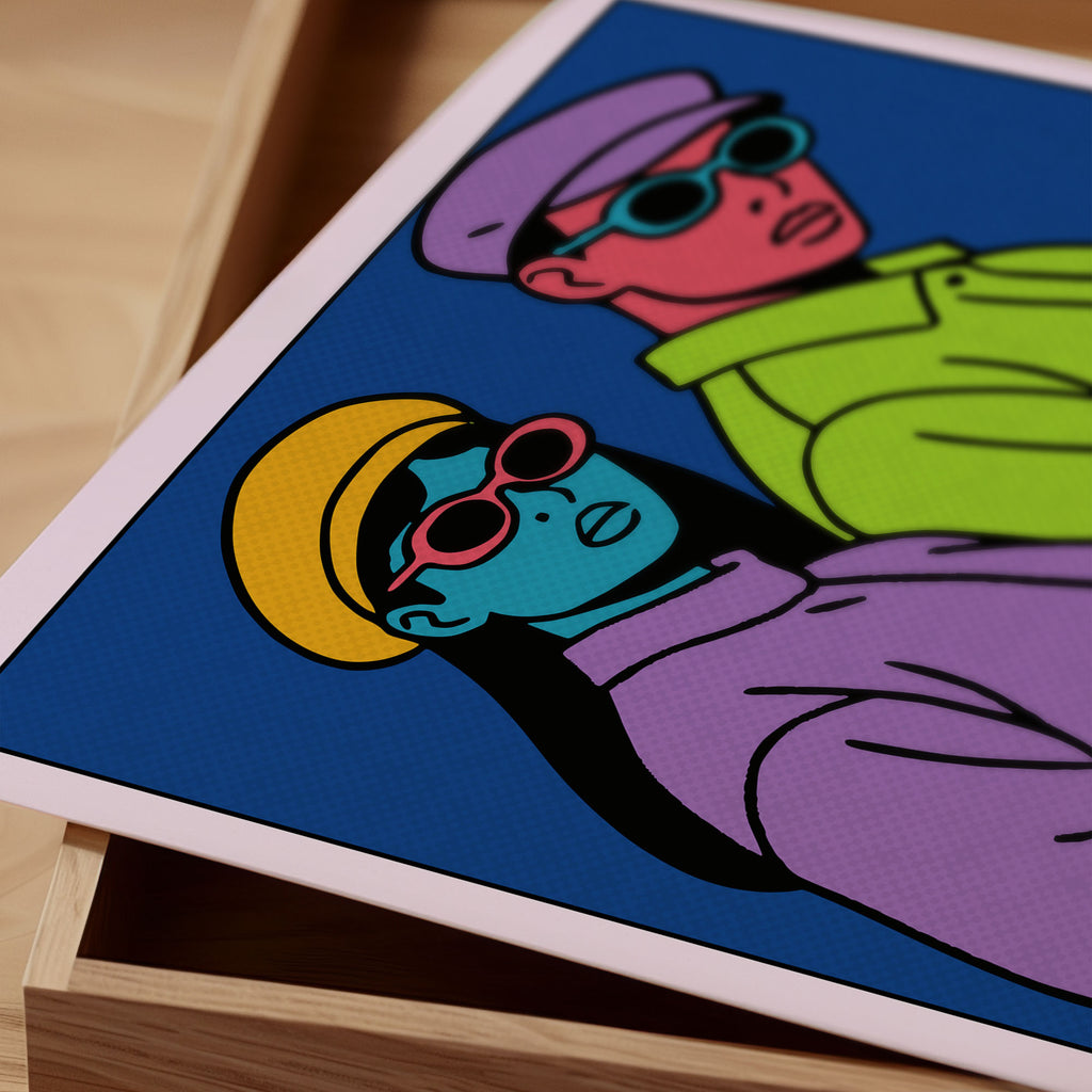 Retro Poster – Buntes Mode Wandbild mit zwei Figuren im 80s Style | Pop Art Wanddeko auf halbmattem Papier