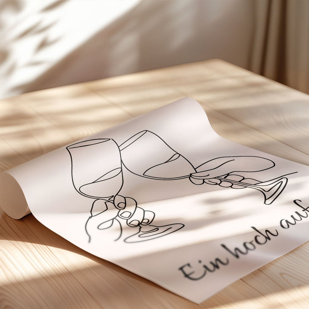 Küchen Poster – Schwarz Weiß Wein Bild mit Spruch Prost & Ein Hoch auf uns | Minimalistisches Wandbild auf halbmattem Papier