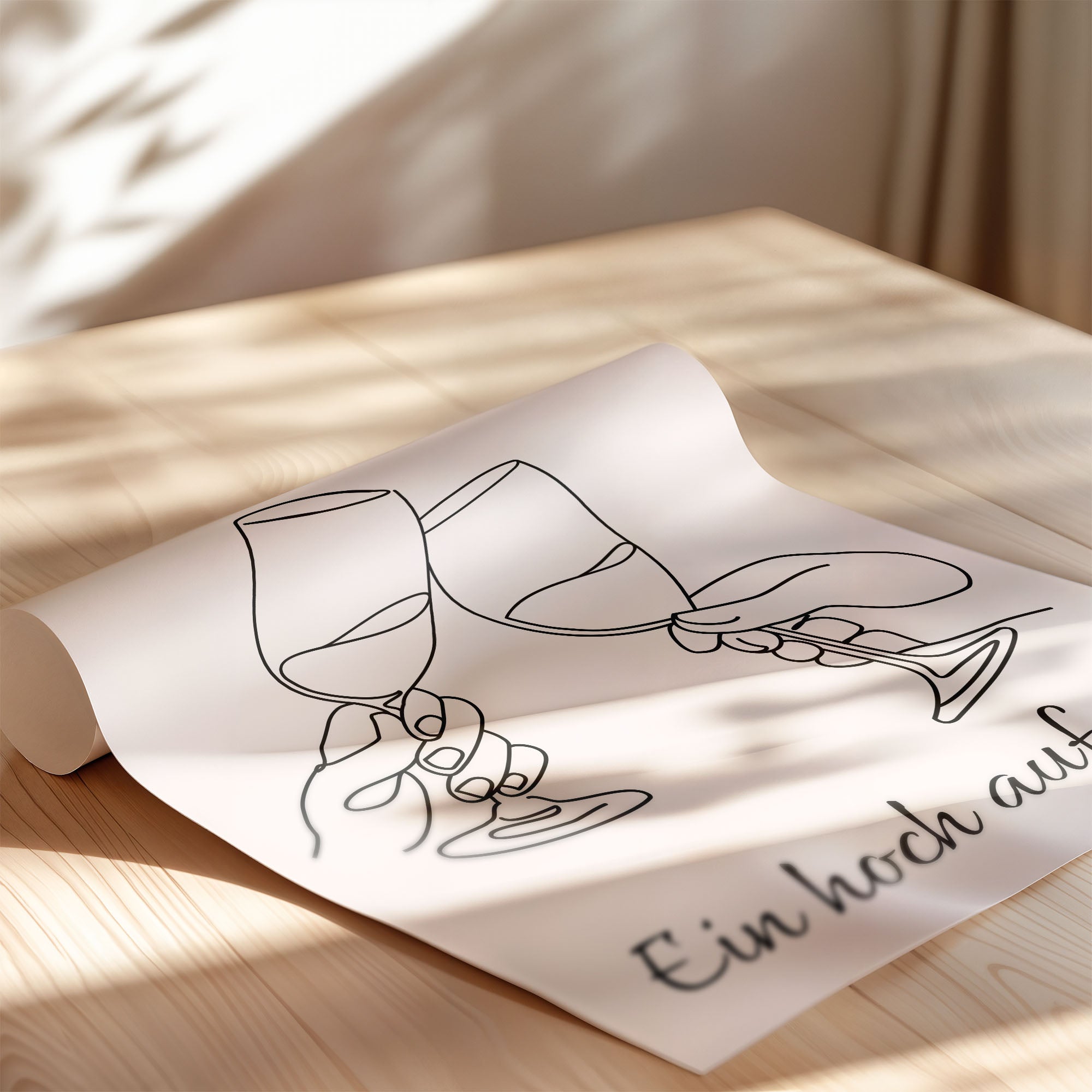 Küchen Poster – Schwarz Weiß Wein Bild mit Spruch Prost & Ein Hoch auf uns | Minimalistisches Wandbild auf halbmattem Papier