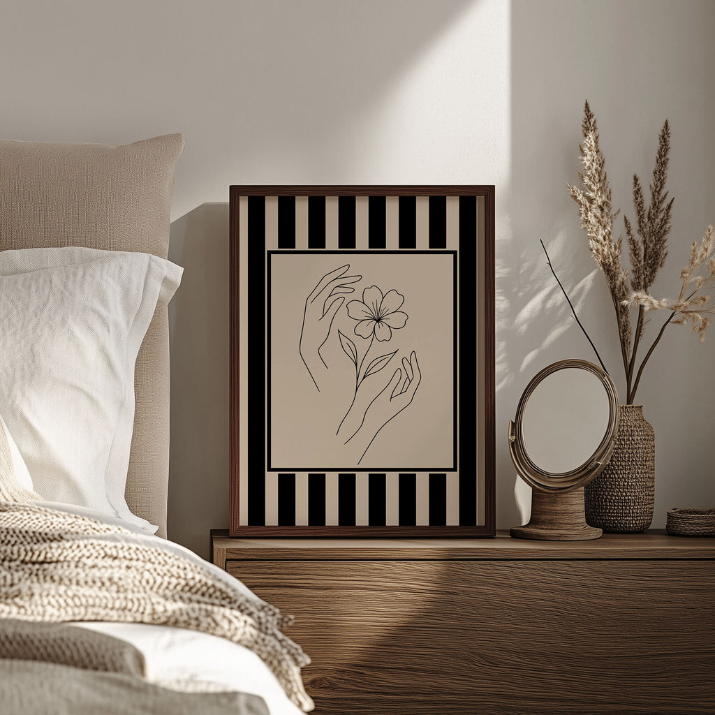 Blumen Poster ungerahmt – Line Art Bild mit Hände und Blume in Schwarz Weiß | Moderne Wanddeko auf halbmattem Papier