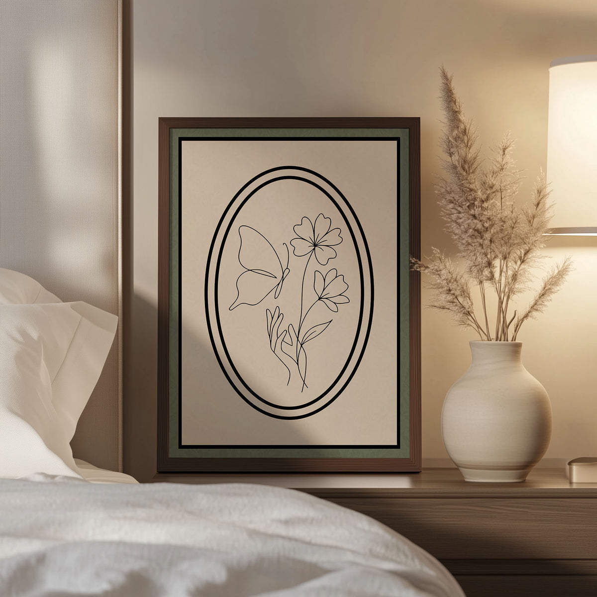 Modernes Wandbild ungerahmt – Schmetterling und Blumen Poster in Beige, Grün und Schwarz | Minimalistisches Wandbild auf halbmattem Papier