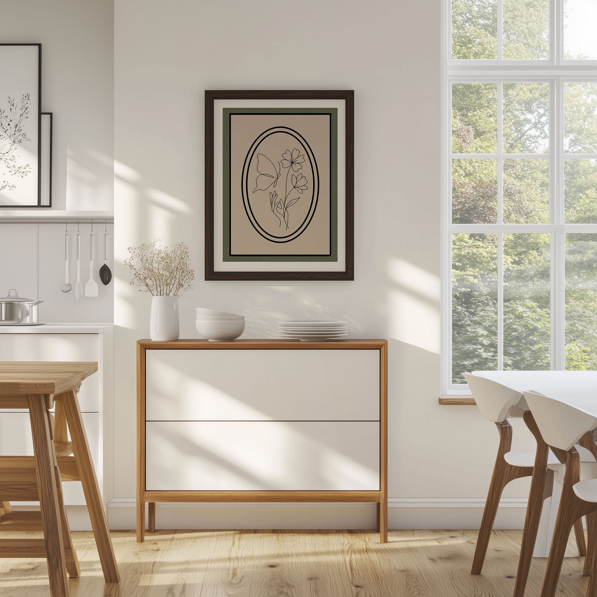 Modernes Wandbild ungerahmt – Schmetterling und Blumen Poster in Beige, Grün und Schwarz | Minimalistisches Wandbild auf halbmattem Papier